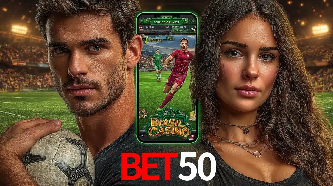 Homem segurando uma bola de futebol e uma mulher ao lado de um smartphone exibindo o jogo de apostas esportivas da BET50. Faça seu palpite no cassino online.